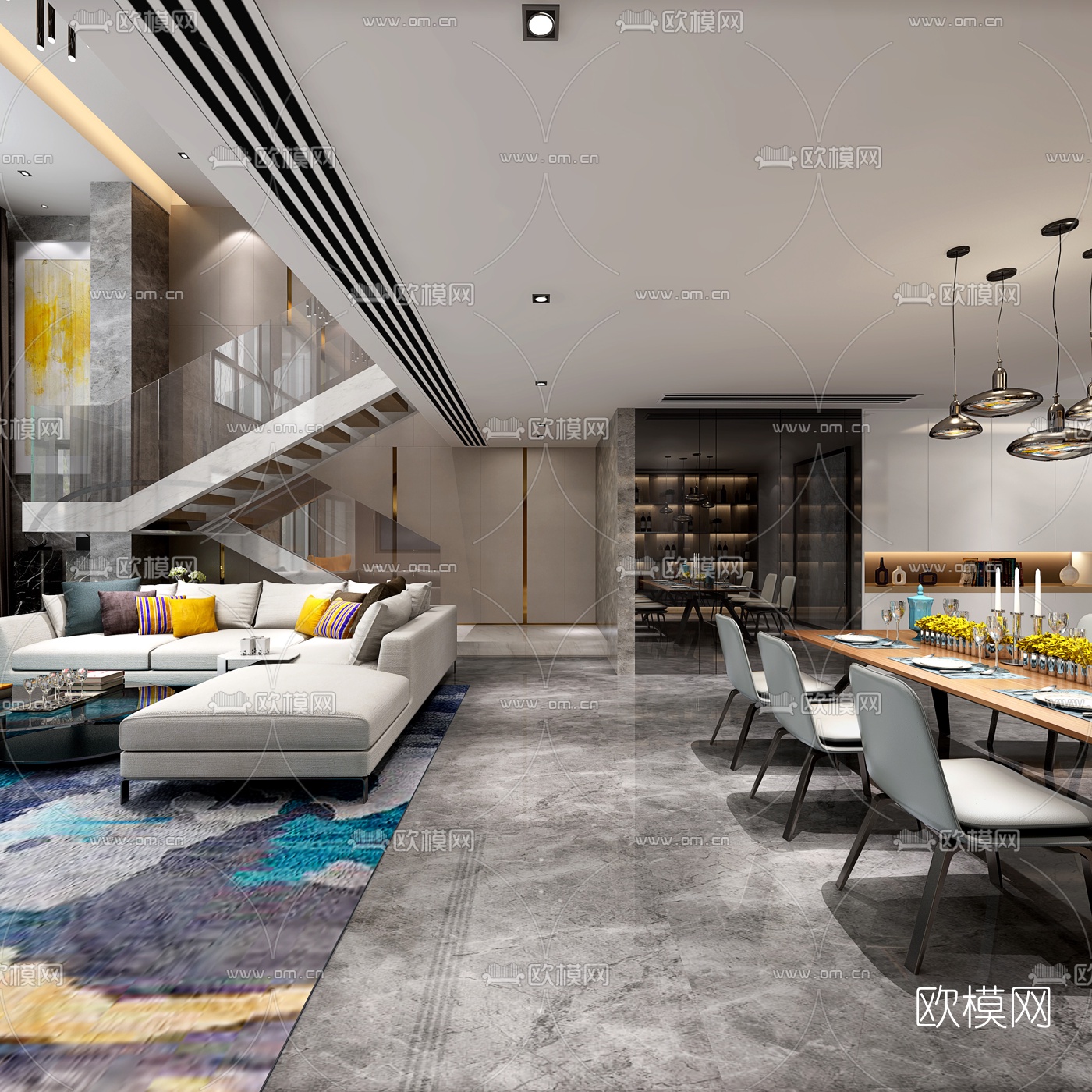 现代别墅客厅餐厅组合3D模型下载（渲染图3）