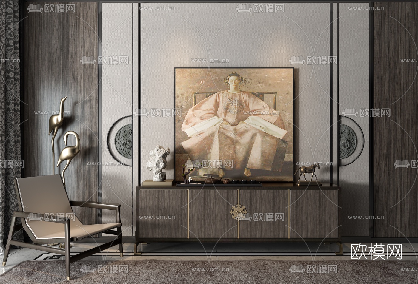 新中式休闲椅电视柜组合3d模型