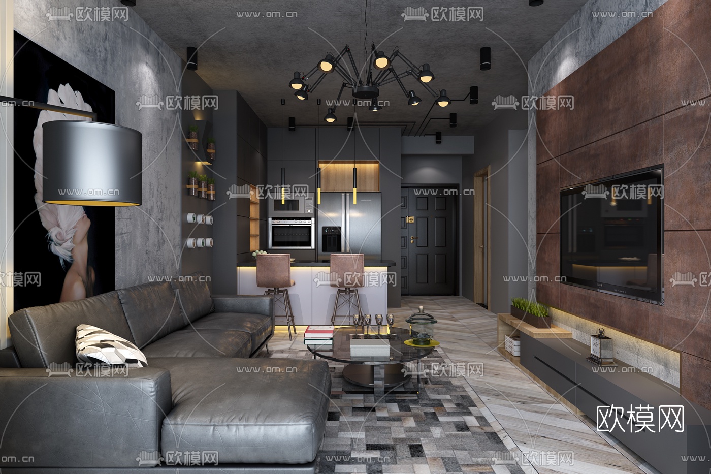 现代小户型客厅餐厅3D模型