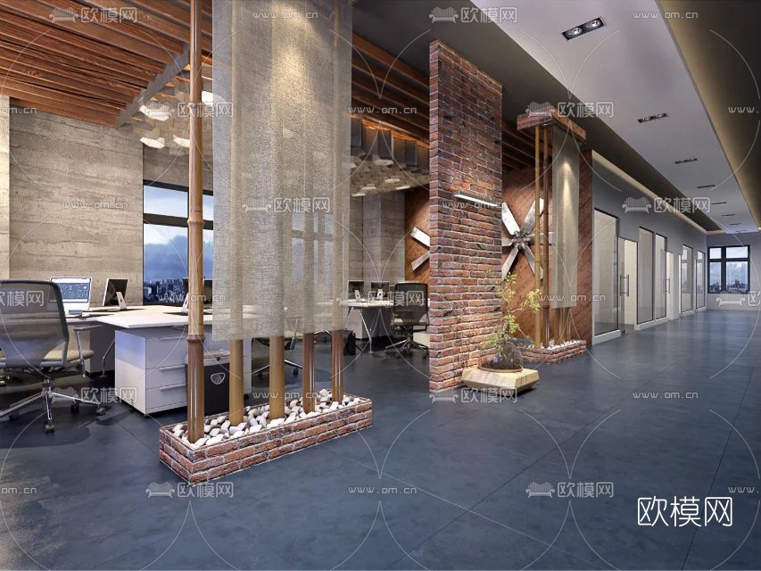工业风办公室走廊过道3D模型-免费3dmax模型库-欧模网