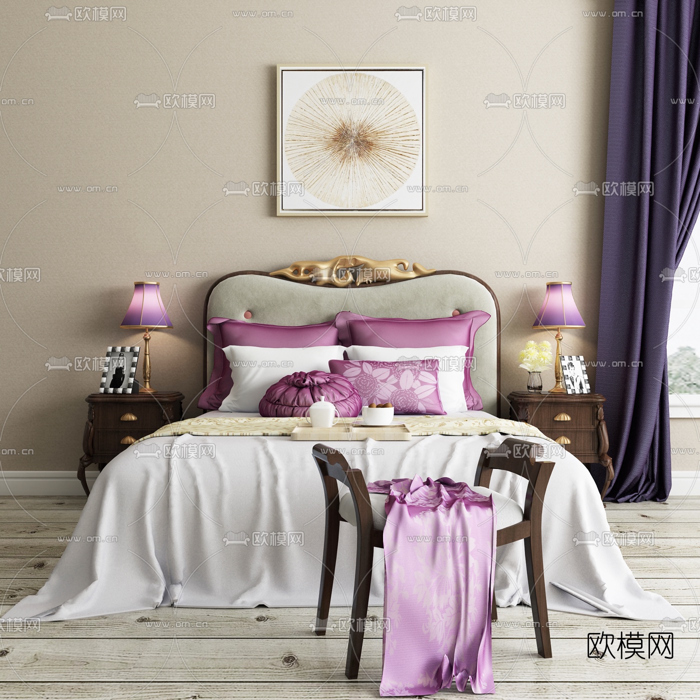 简欧公主双人床脚蹬组合3D模型下载（渲染图1）