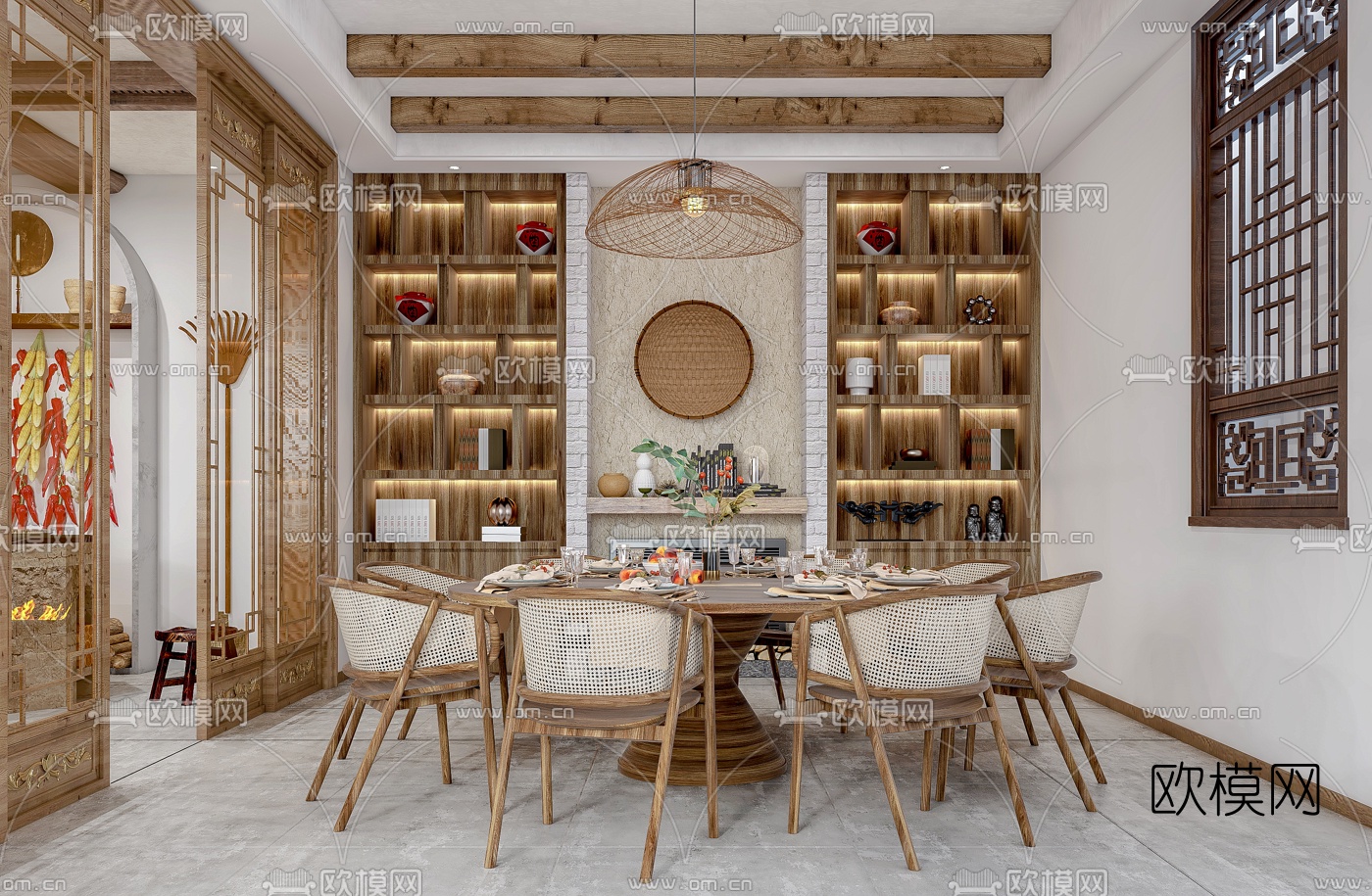 自然风民宿客餐厅3d模型下载（渲染图3）