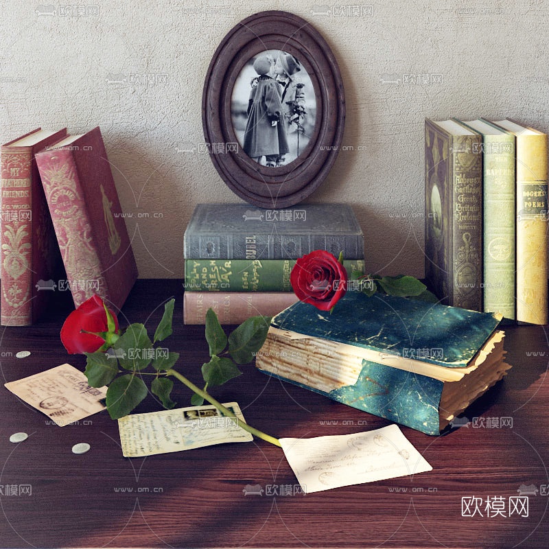 欧式书籍装饰画玫瑰花组合3D模型