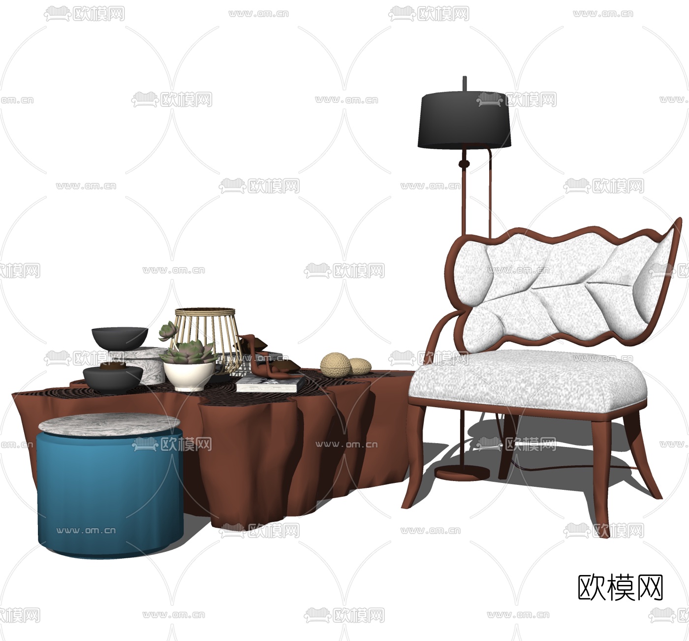新中式休闲椅茶几组合su模型下载（渲染图3）