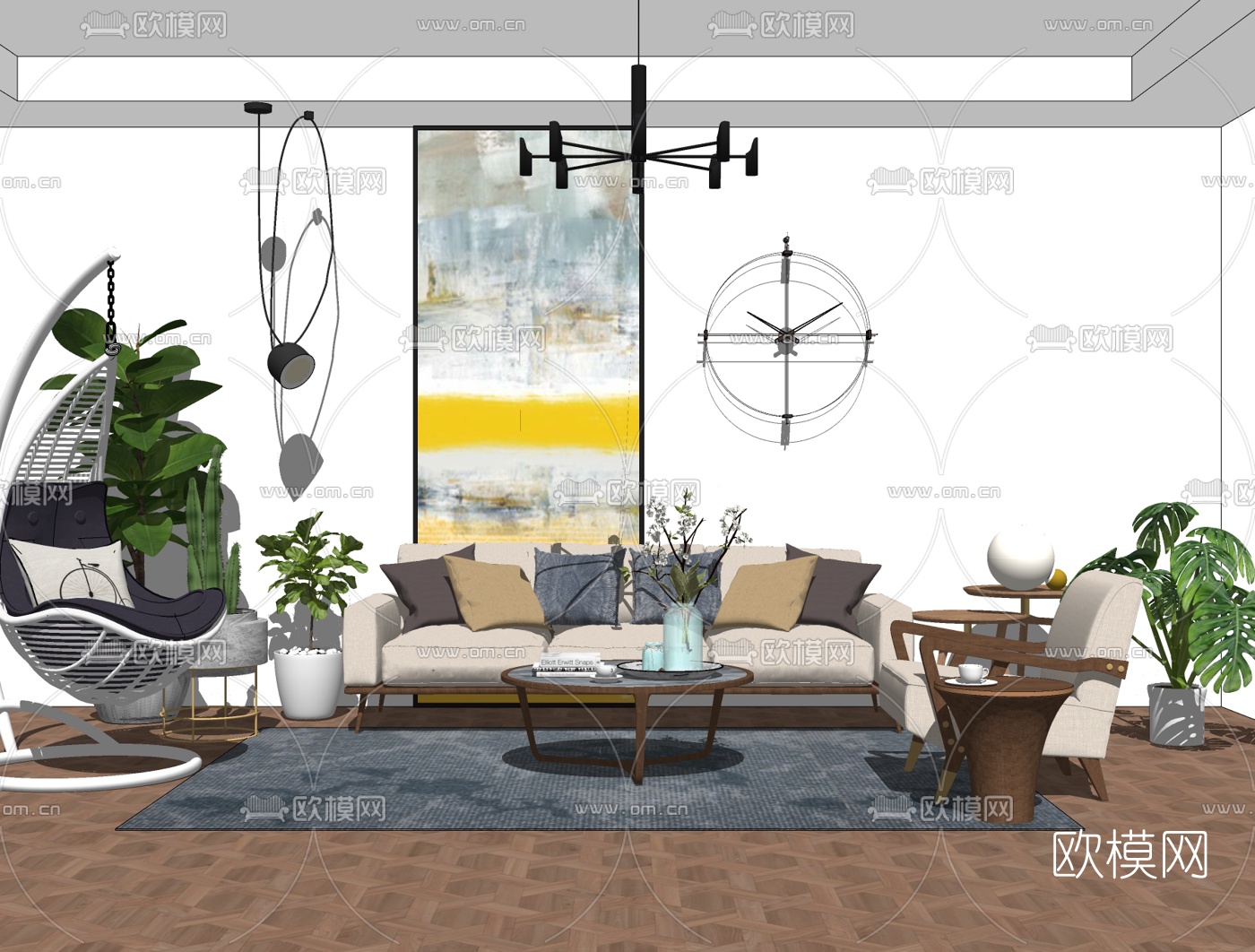 北欧布艺沙发组合su模型下载（渲染图2）