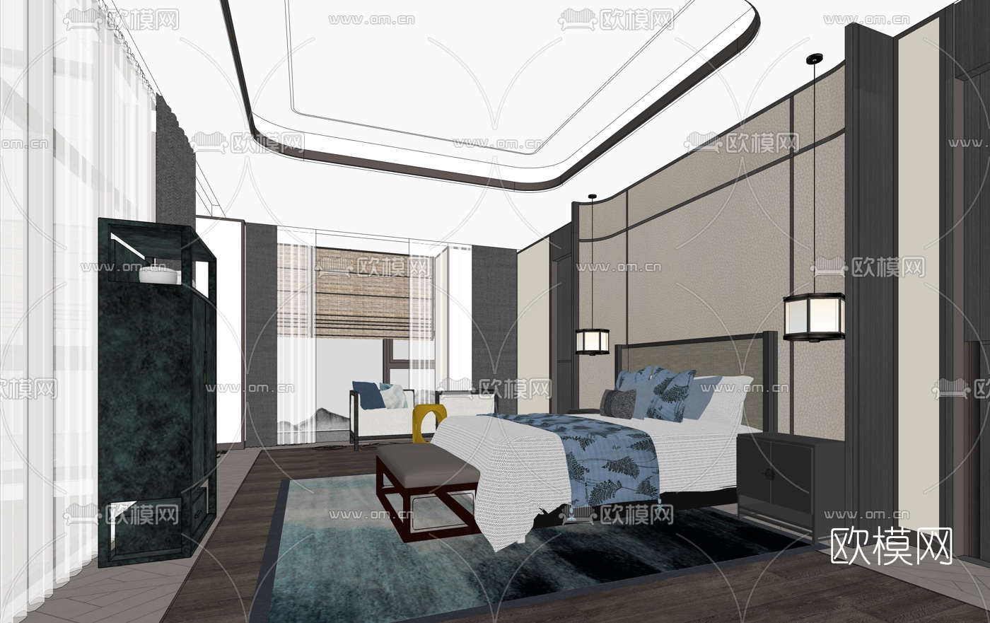 新中式酒店总统套房su模型下载（渲染图1）