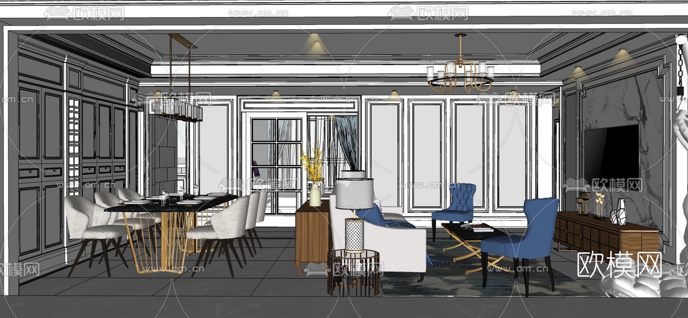 美式轻奢客餐厅su模型下载（渲染图3）