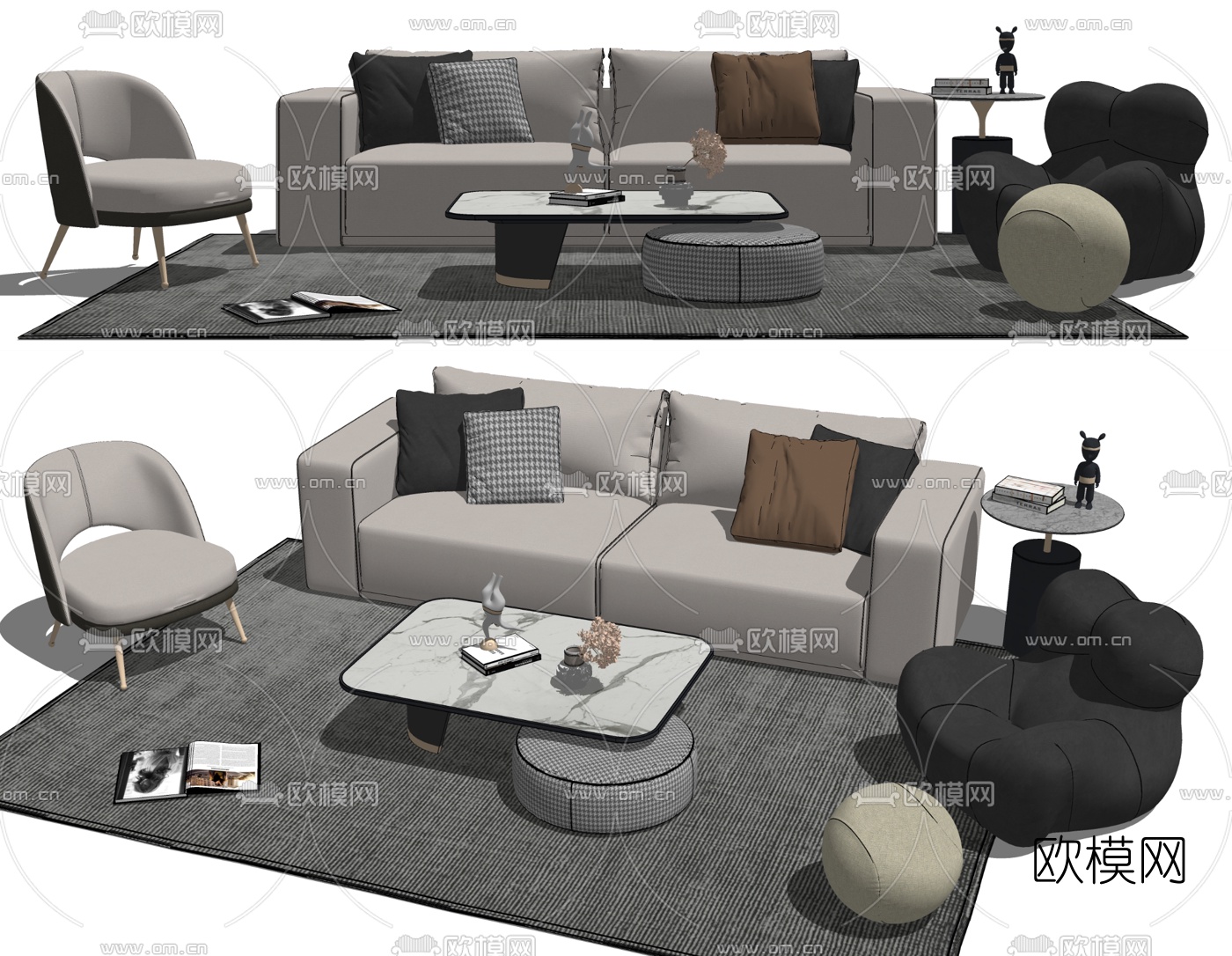 现代布艺沙发组合su模型下载（渲染图2）
