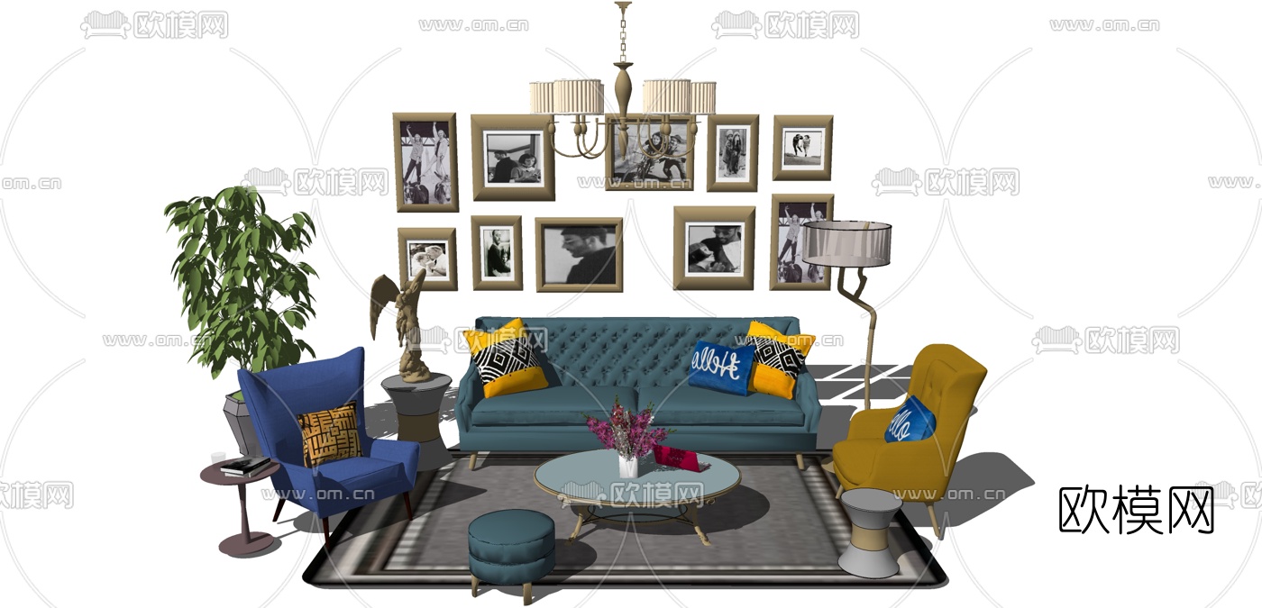 欧式布艺沙发组合su模型下载（渲染图1）