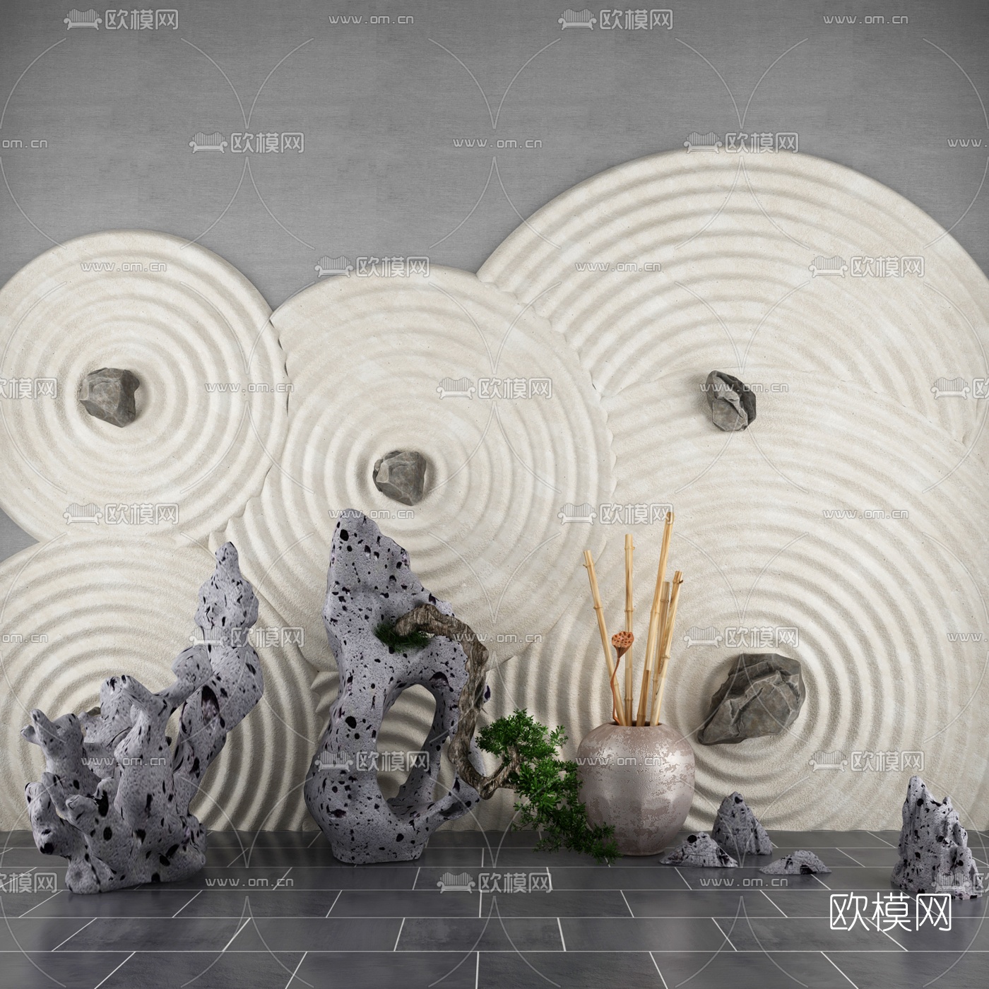 新中式松树石头假山摆件3D模型下载