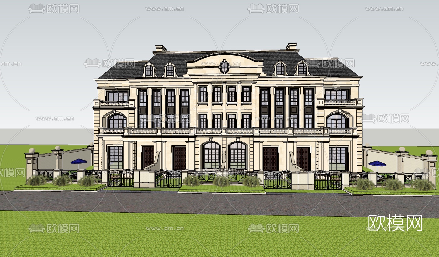 法式连排别墅su模型下载（渲染图2）