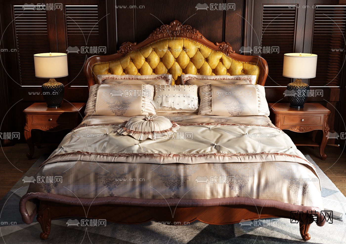 美式实木雕花双人床3d模型下载（渲染图2）