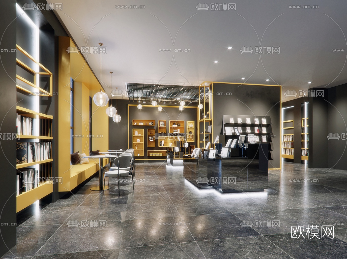 现代轻奢图书馆书吧3d模型下载（渲染图1）