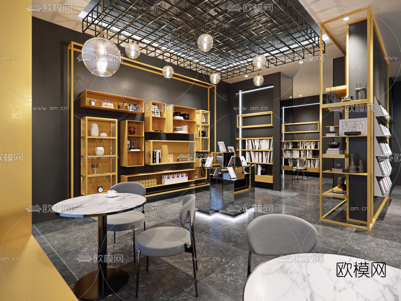 现代轻奢图书馆书吧3d模型下载（渲染图2）