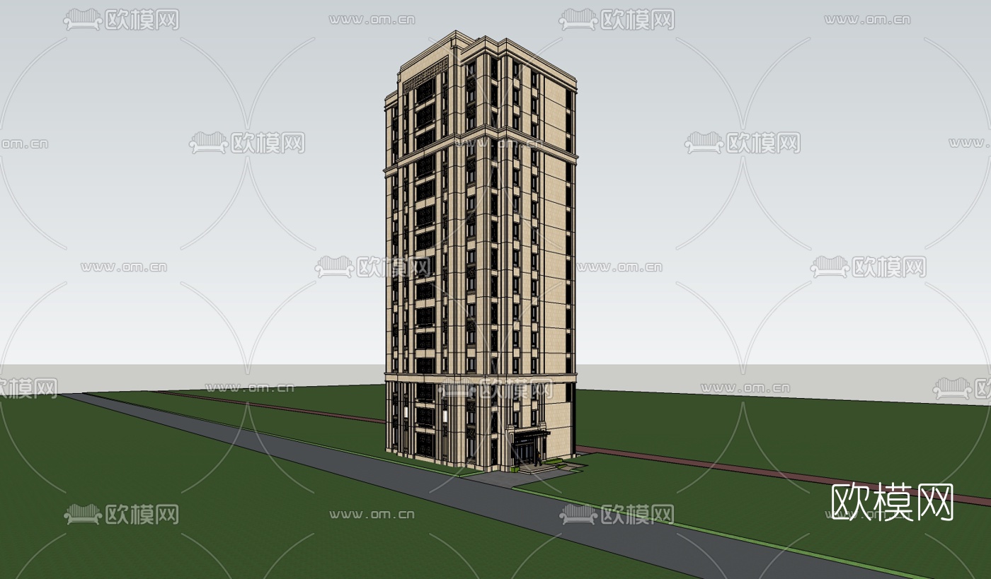 新古典高层公寓楼su模型下载（渲染图3）