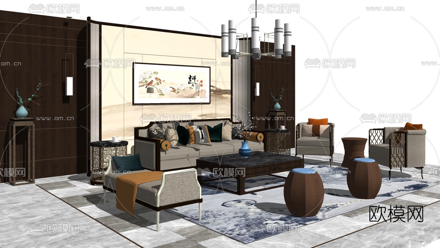 新中式轻奢沙发组合su模型下载（渲染图1）