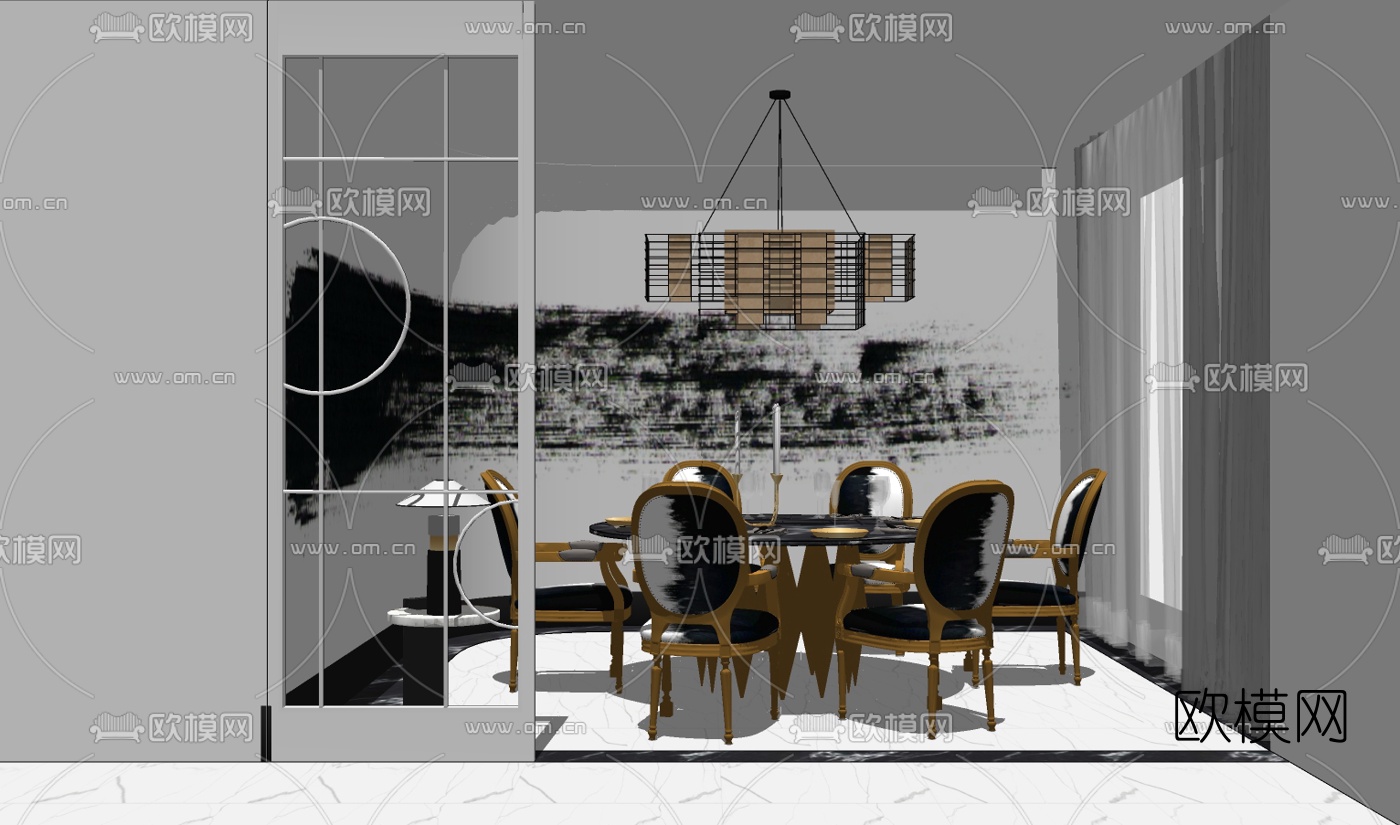 欧式餐桌椅组合su模型下载（渲染图2）