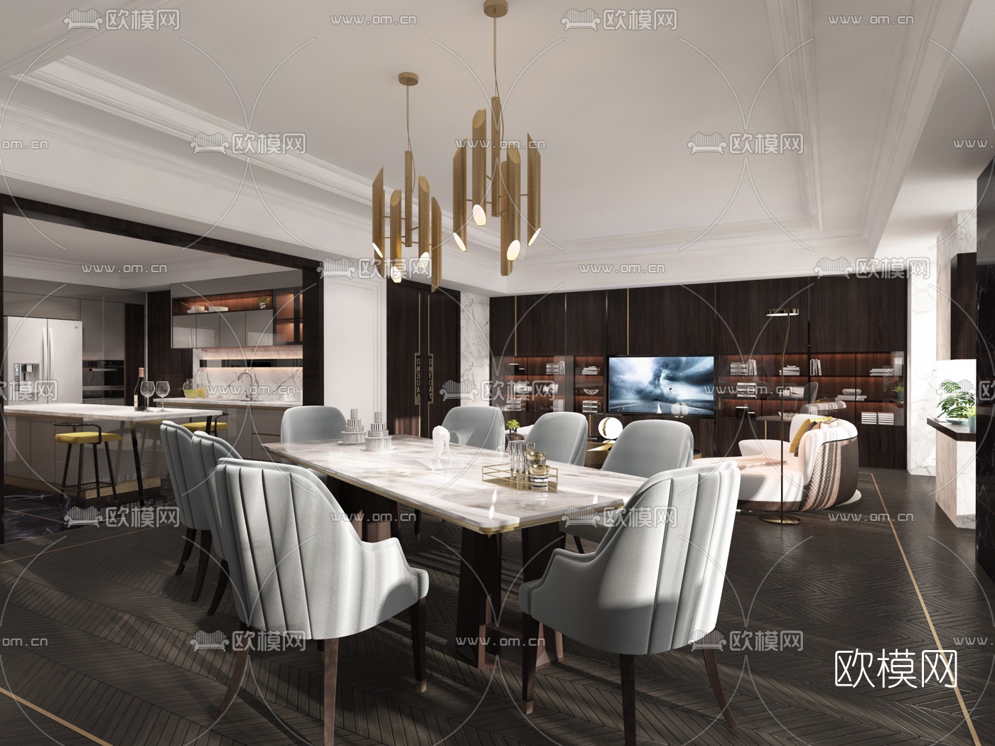 后现代客厅餐厅厨房3d模型