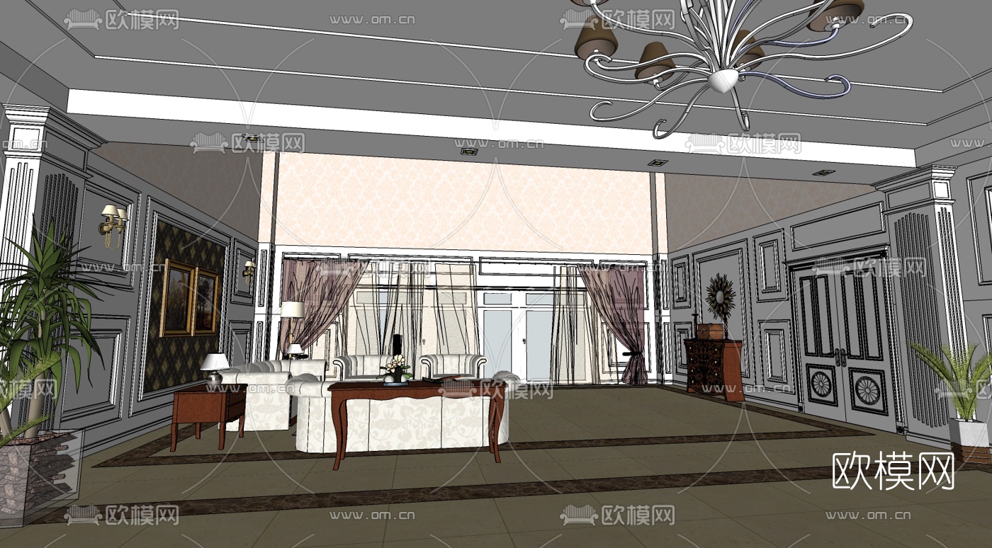 欧式复式客厅免费su模型下载（渲染图1）