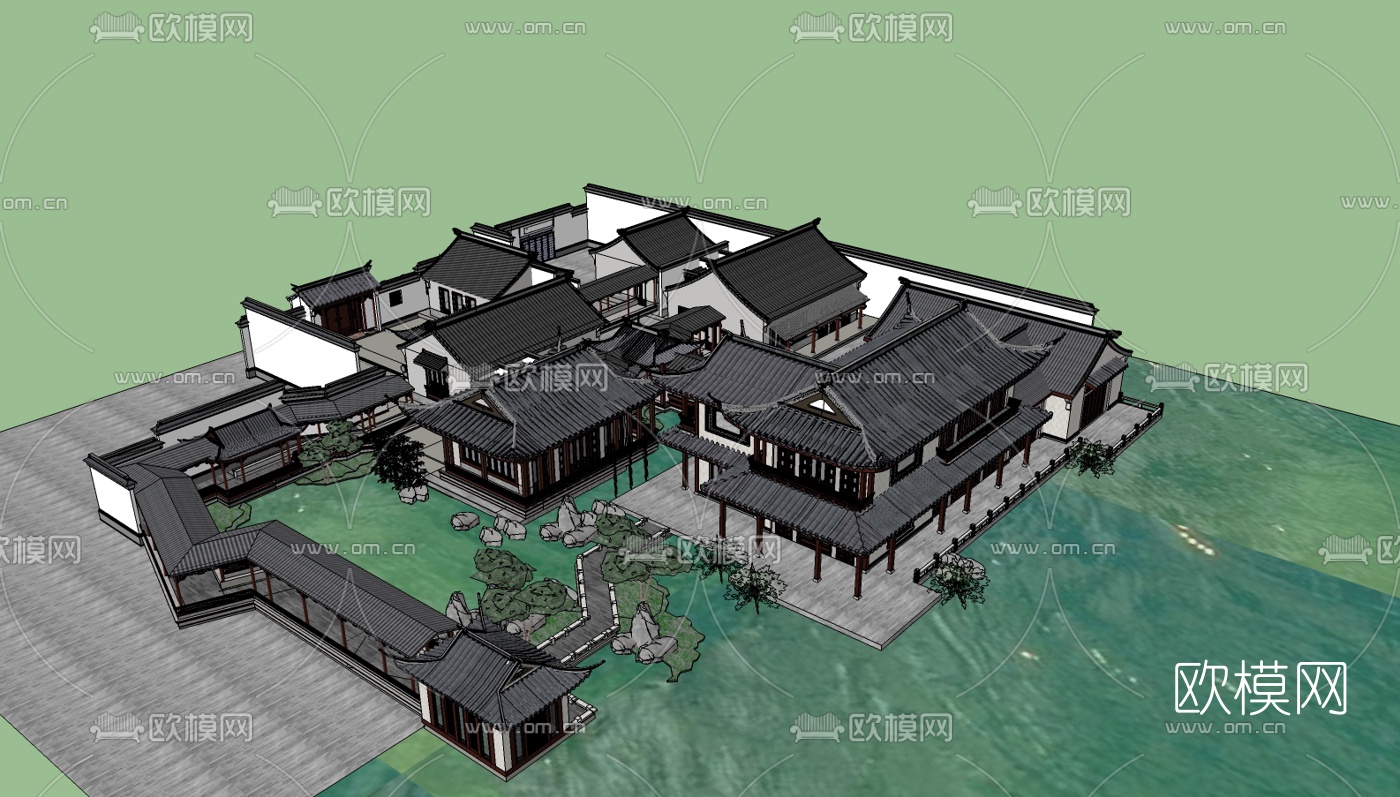 中式庭院别墅su模型下载（渲染图1）