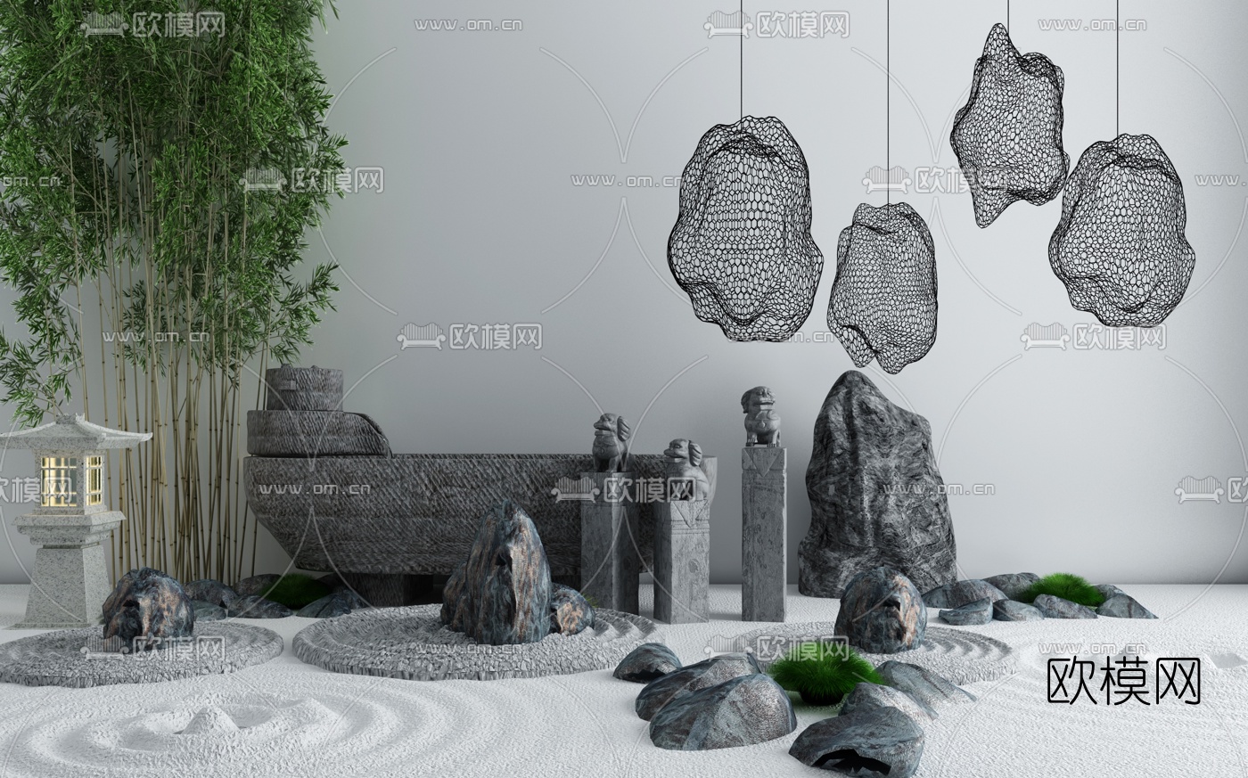 新中式假山竹子园艺小品3d模型下载