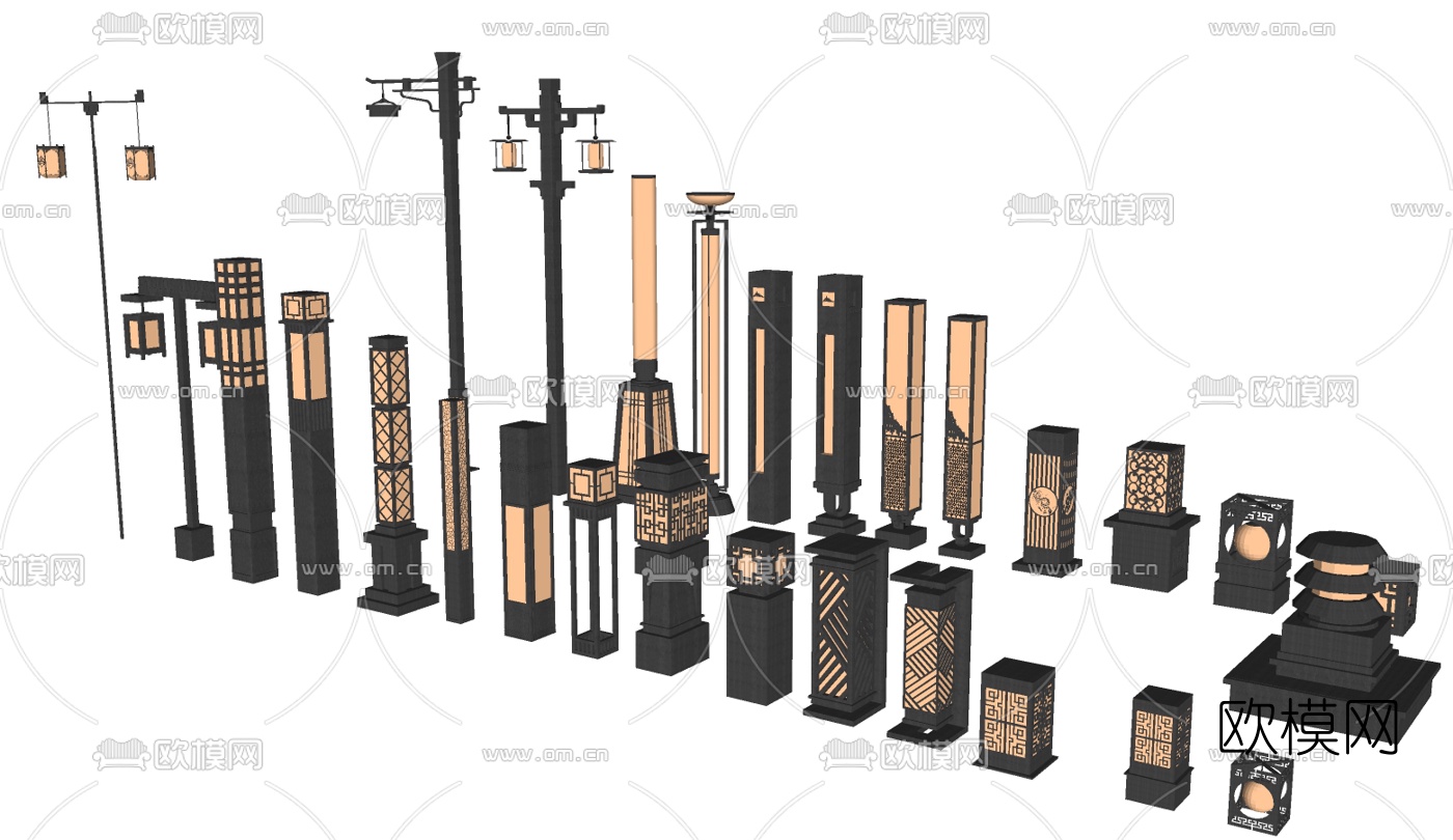 中式路灯草坪灯组合su模型下载（渲染图2）