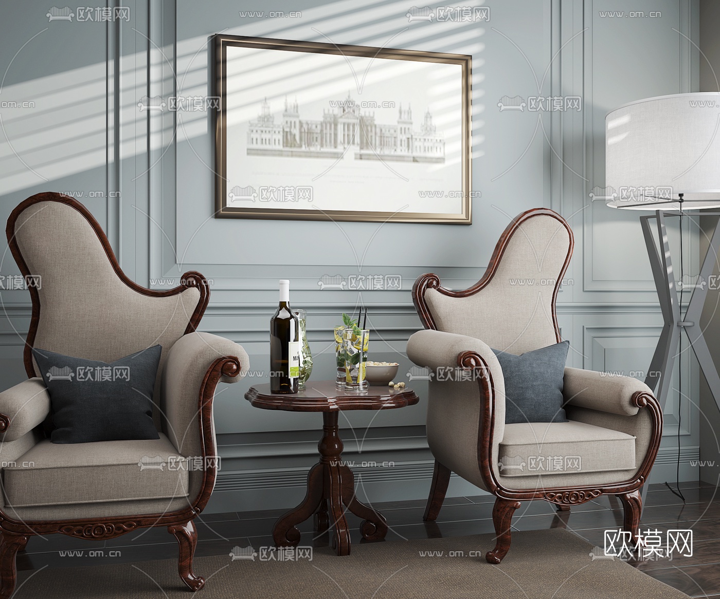 美式单人沙发圆几组合3D模型下载