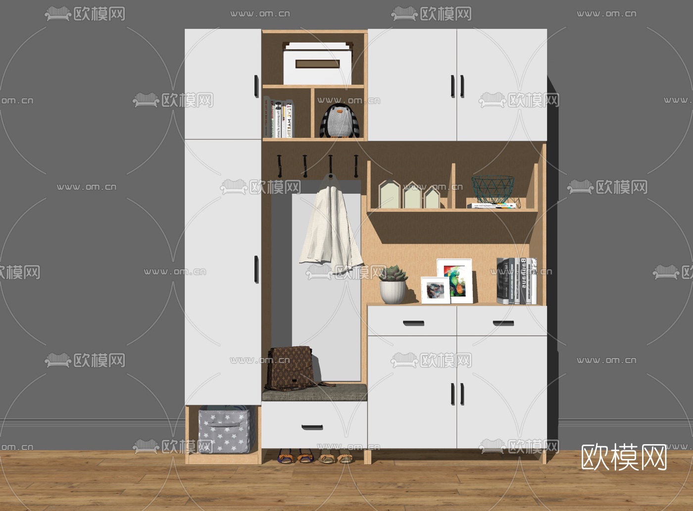 现代实木多功能鞋柜su模型下载