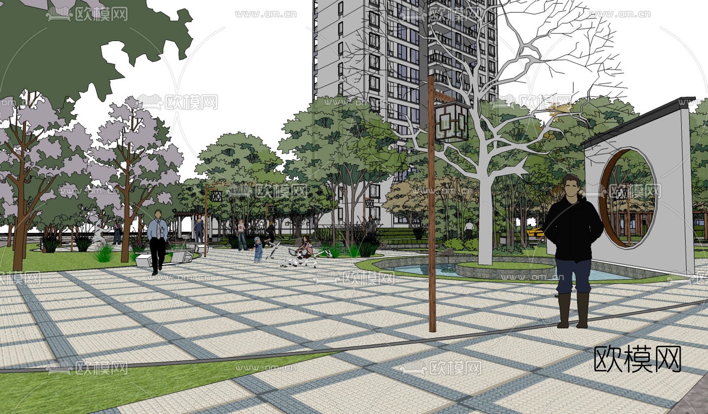 新中式小区规划su模型下载（渲染图2）