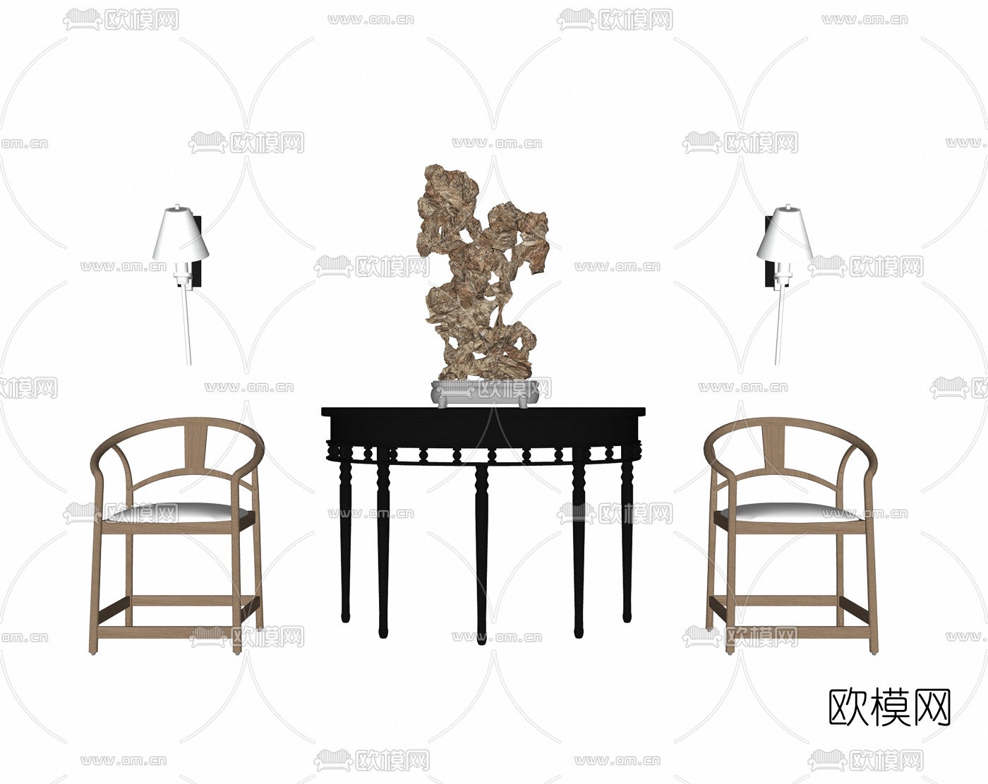 中式端景条案圈椅组合su模型下载