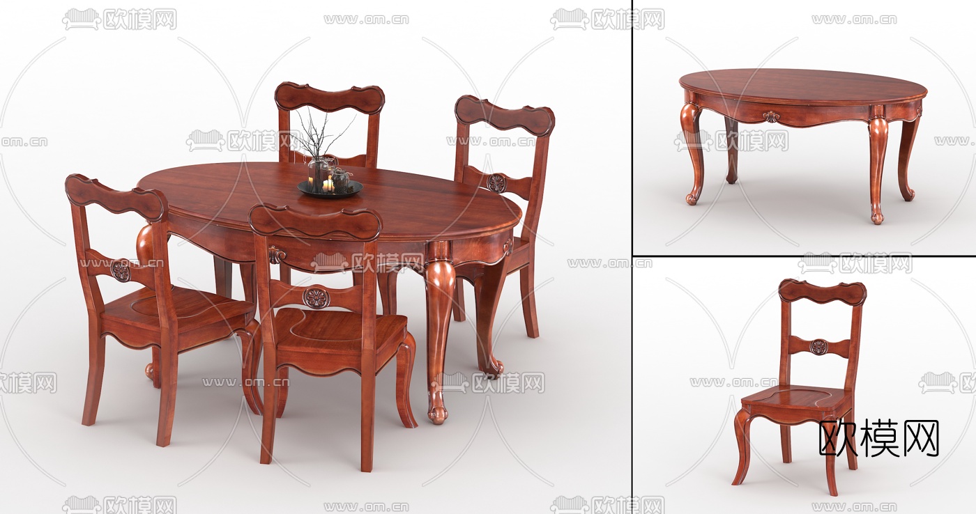 简欧实木餐桌椅3d模型下载