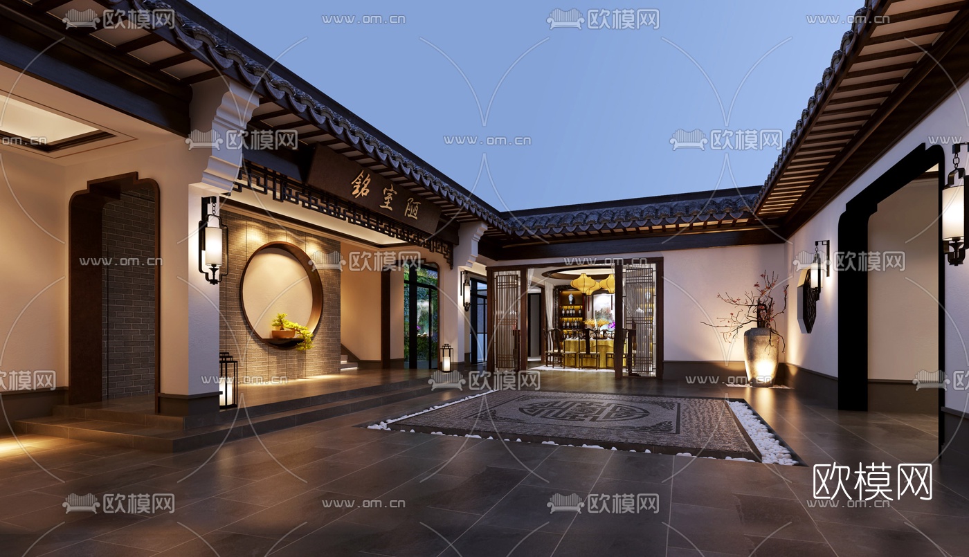中式会所庭院餐厅3D模型下载_ID10090166_3dmax免费模型-欧模网