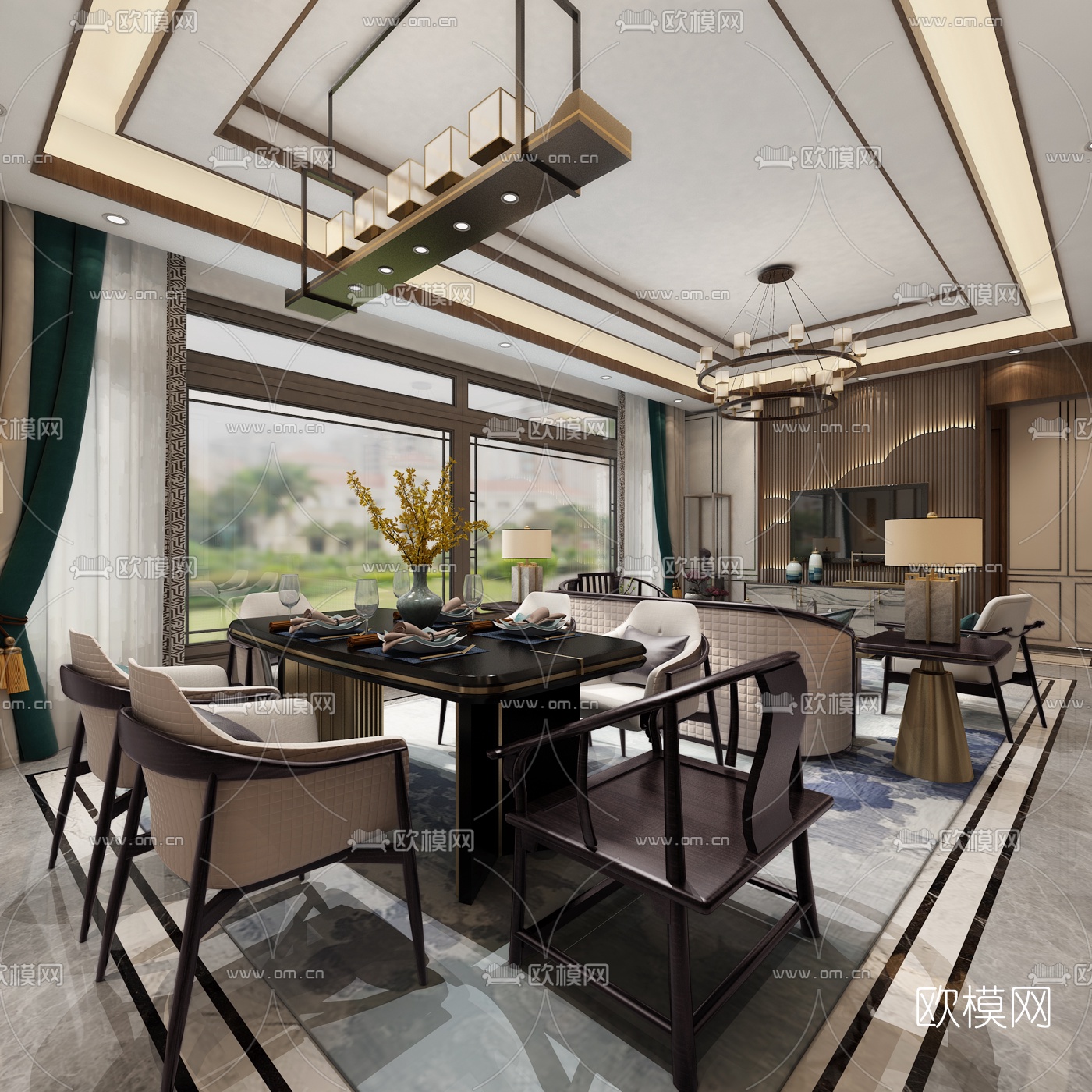 新中式轻奢客厅餐厅3D模型