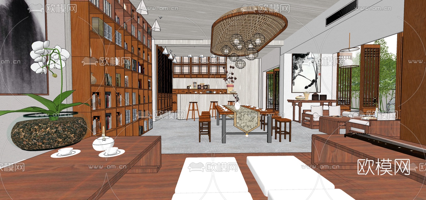 中式会所餐厅su模型下载（渲染图1）