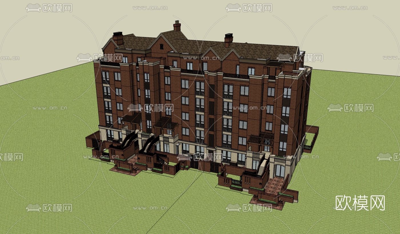 欧式高层公寓楼su模型下载（渲染图2）