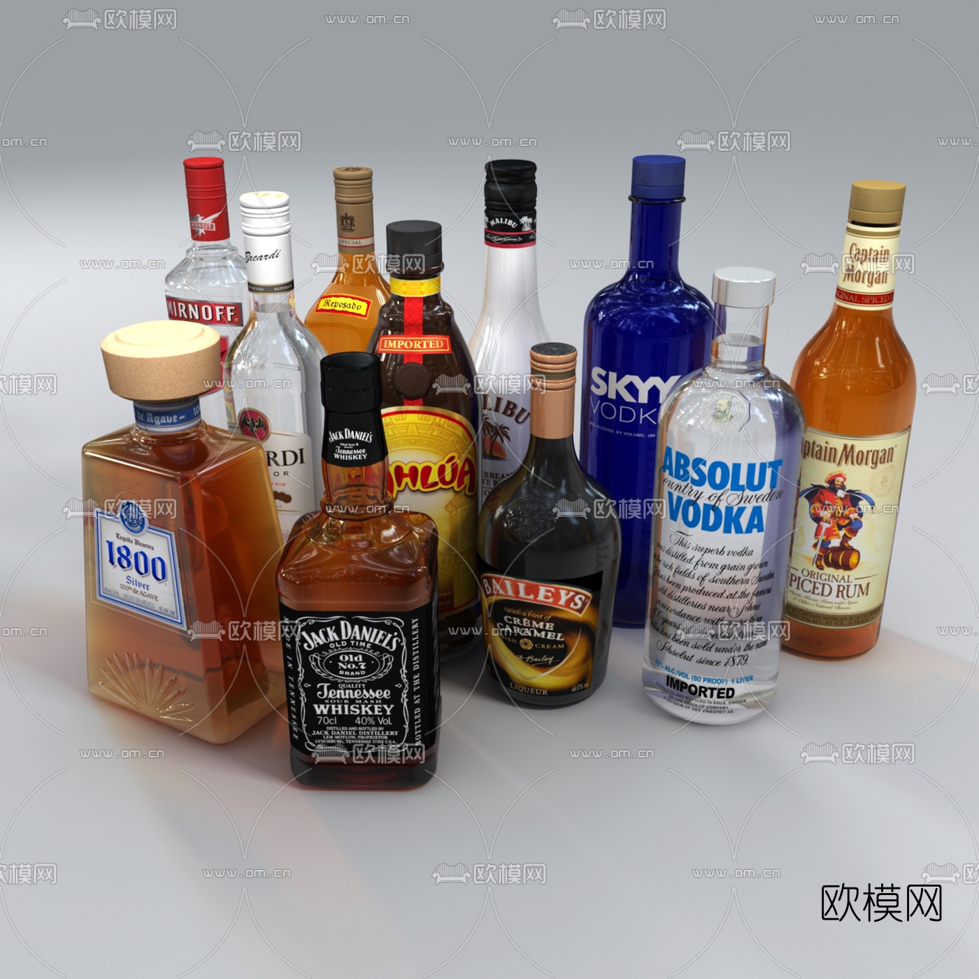 现代洋酒酒瓶组合3d模型下载