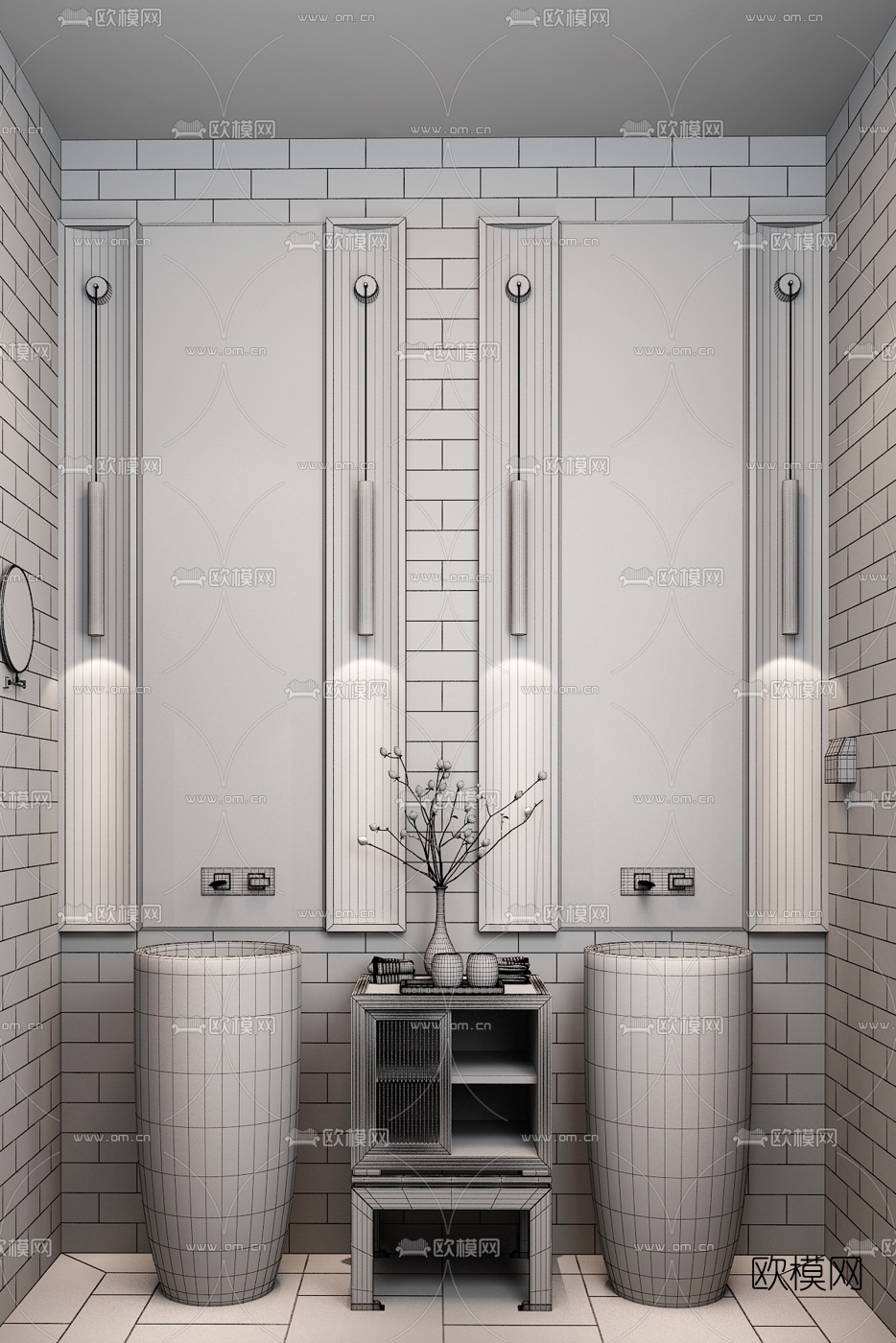 HMD设计 新中式卫生间陶缸洗手台3d模型下载（渲染图2）