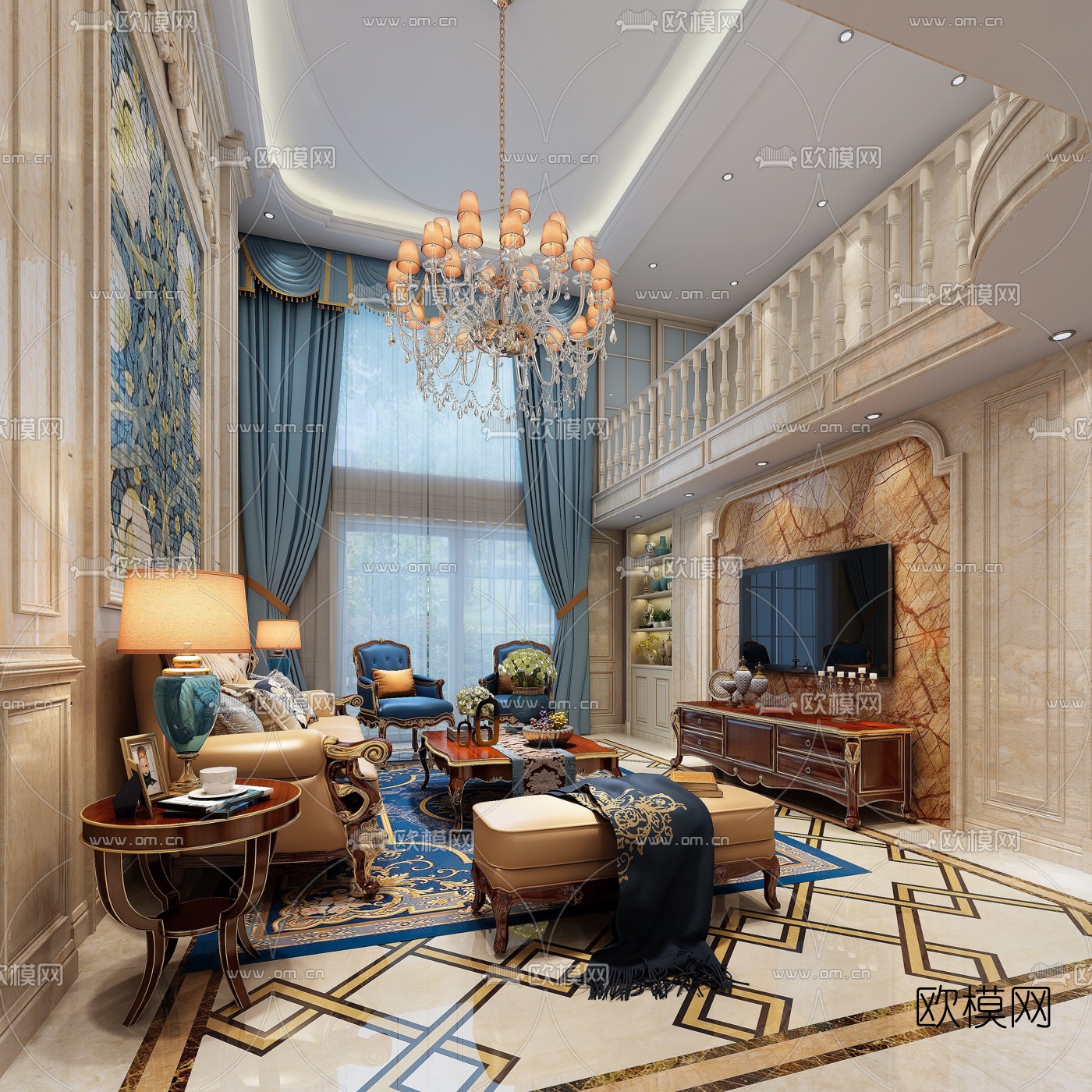 欧式别墅客厅餐厅组合3D模型下载（渲染图2）