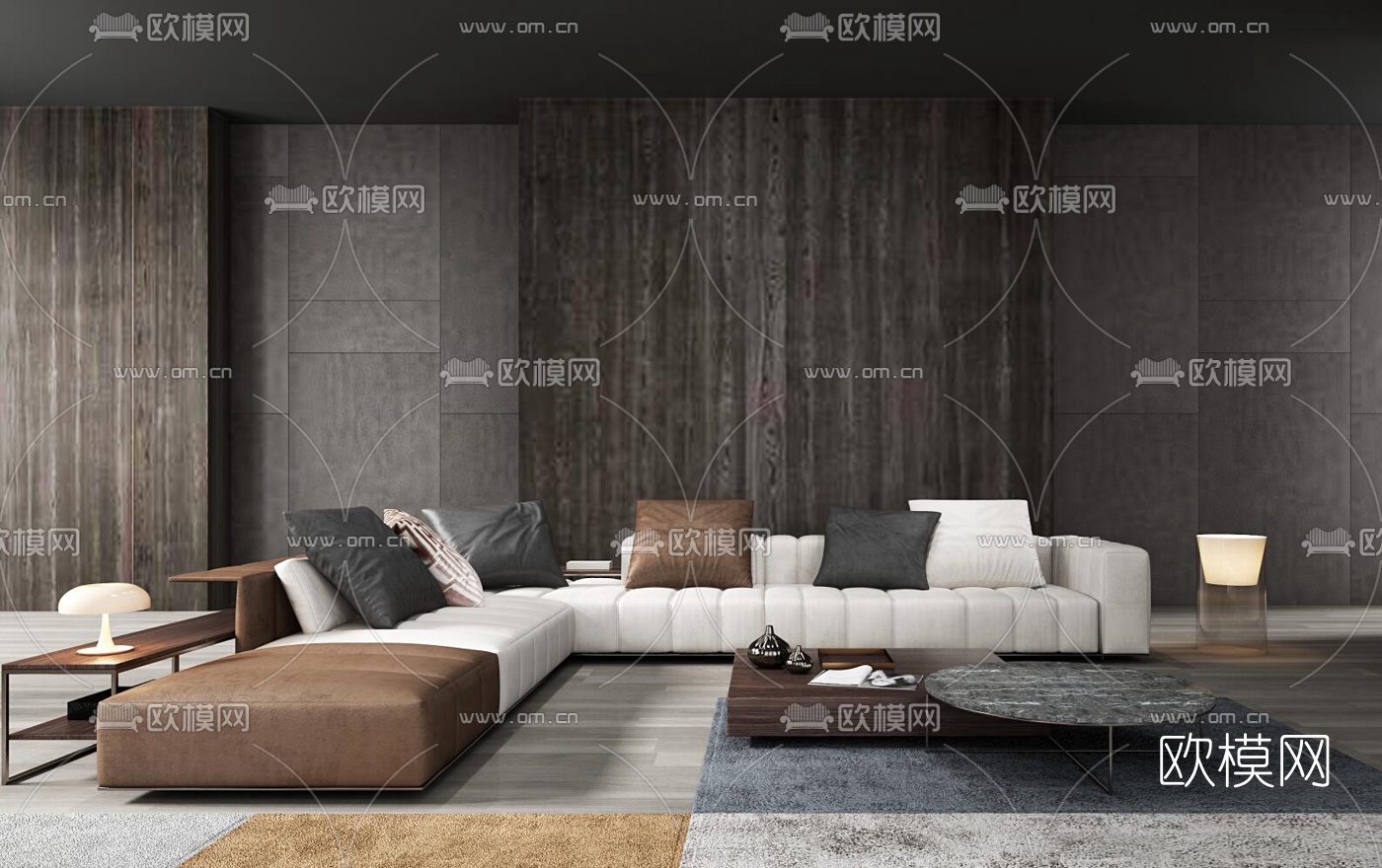 北欧皮革转角沙发茶几灯具组合3D模型下载