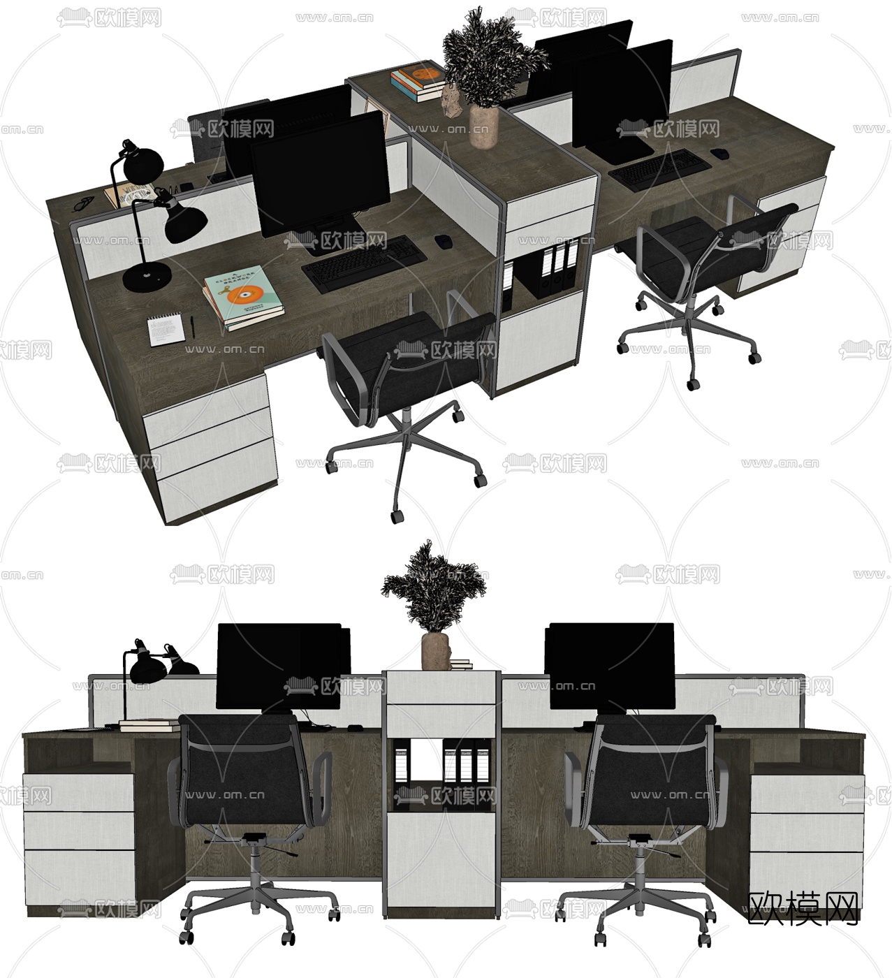 现代办公桌椅卡位su模型下载（渲染图1）