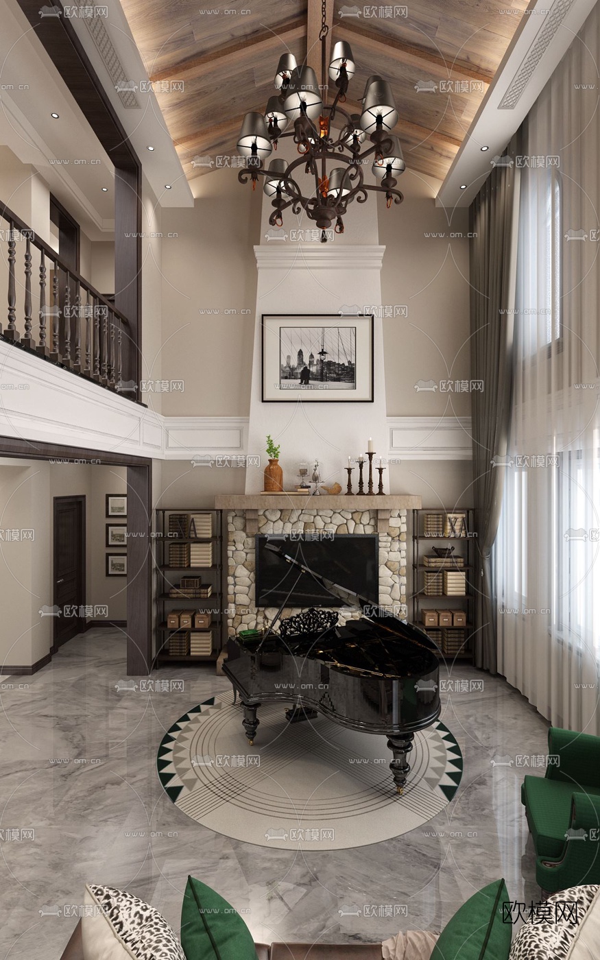 美式别墅混搭客厅楼梯玄关书房3d模型下载（渲染图4）