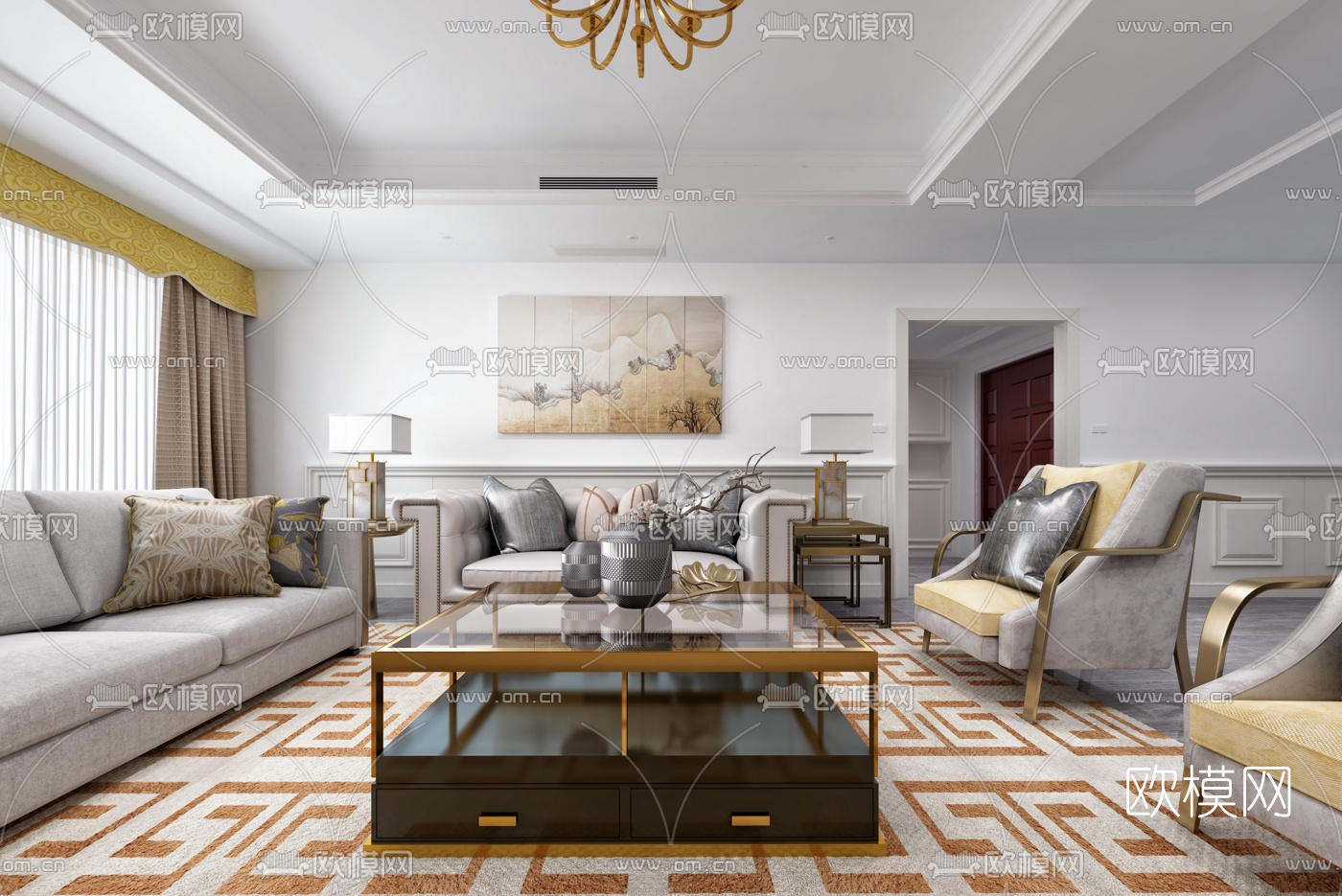 以勒设计新中式客厅3D模型下载（渲染图1）