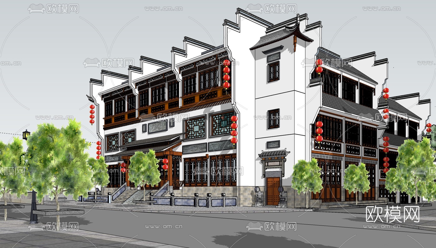 新中式民俗商业街su模型下载（渲染图3）