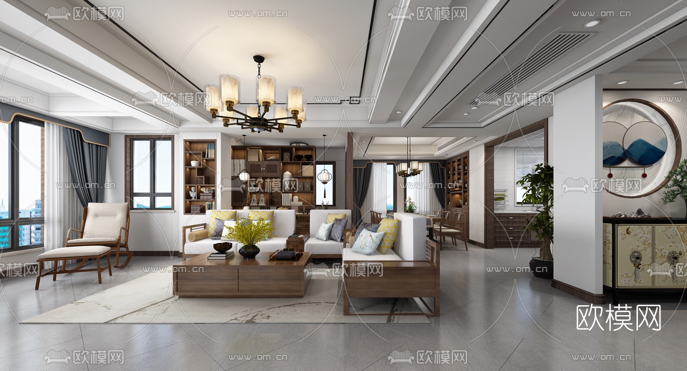 新中式客餐厅厨房书房全景3d模型