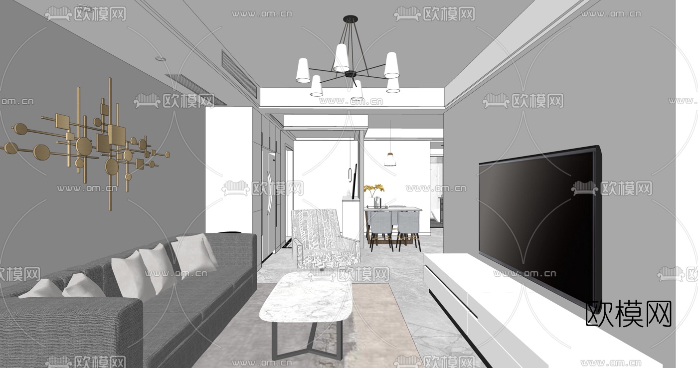 现代高级灰客厅餐厅su模型下载（渲染图4）