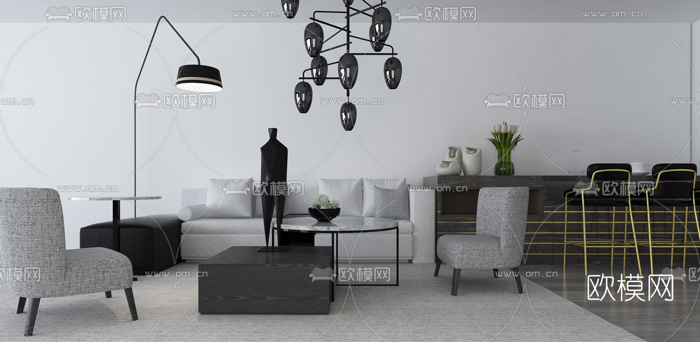 后现代沙发茶几吊灯落地灯雕塑吧台吧椅盆栽花瓶摆件组合3D模型下载