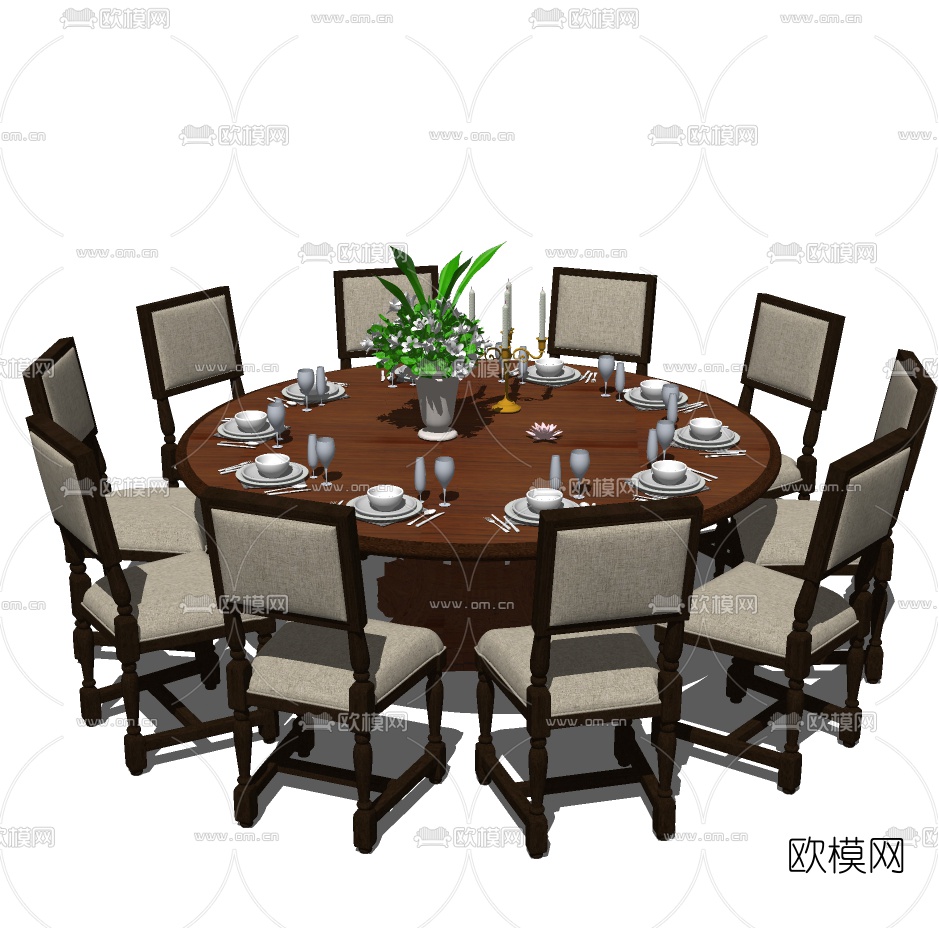 美式实木圆形餐桌椅免费su模型下载（渲染图1）