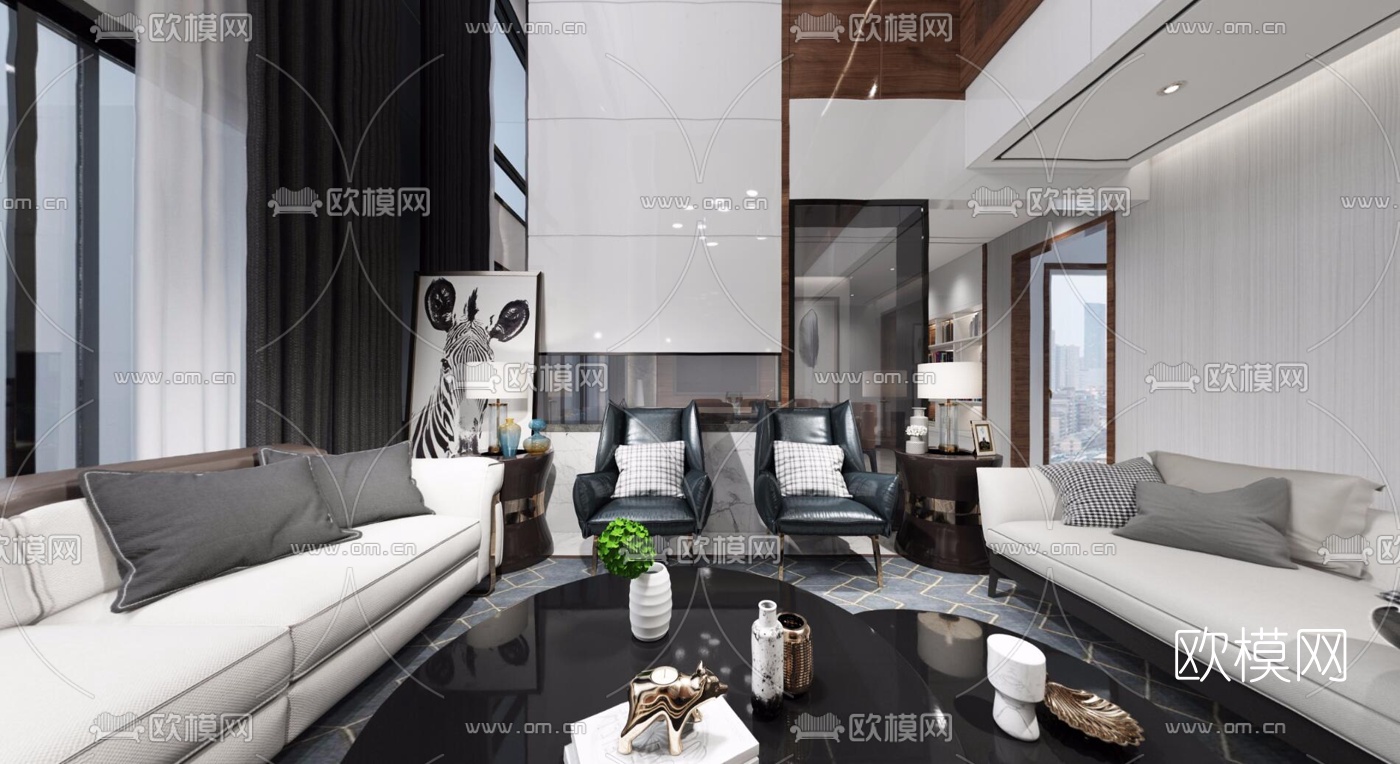 现代别墅客厅全景3D模型-免费3dmax模型库-欧模网