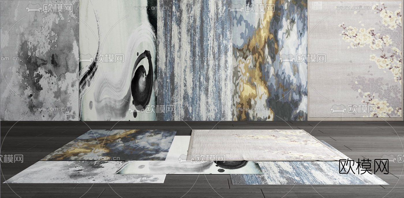 新中式长形地毯组合3d模型下载