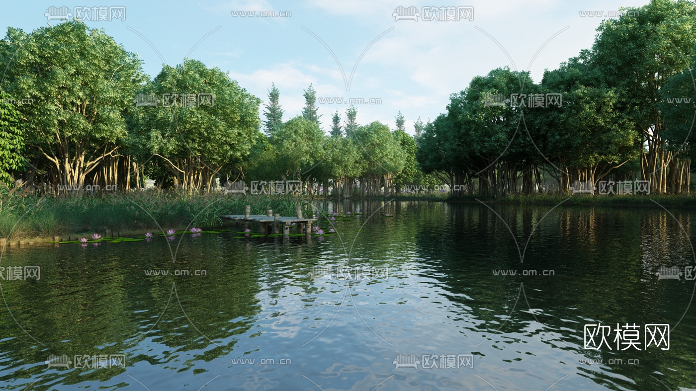 现代湖泊湿地公园景观3d模型下载（渲染图2）